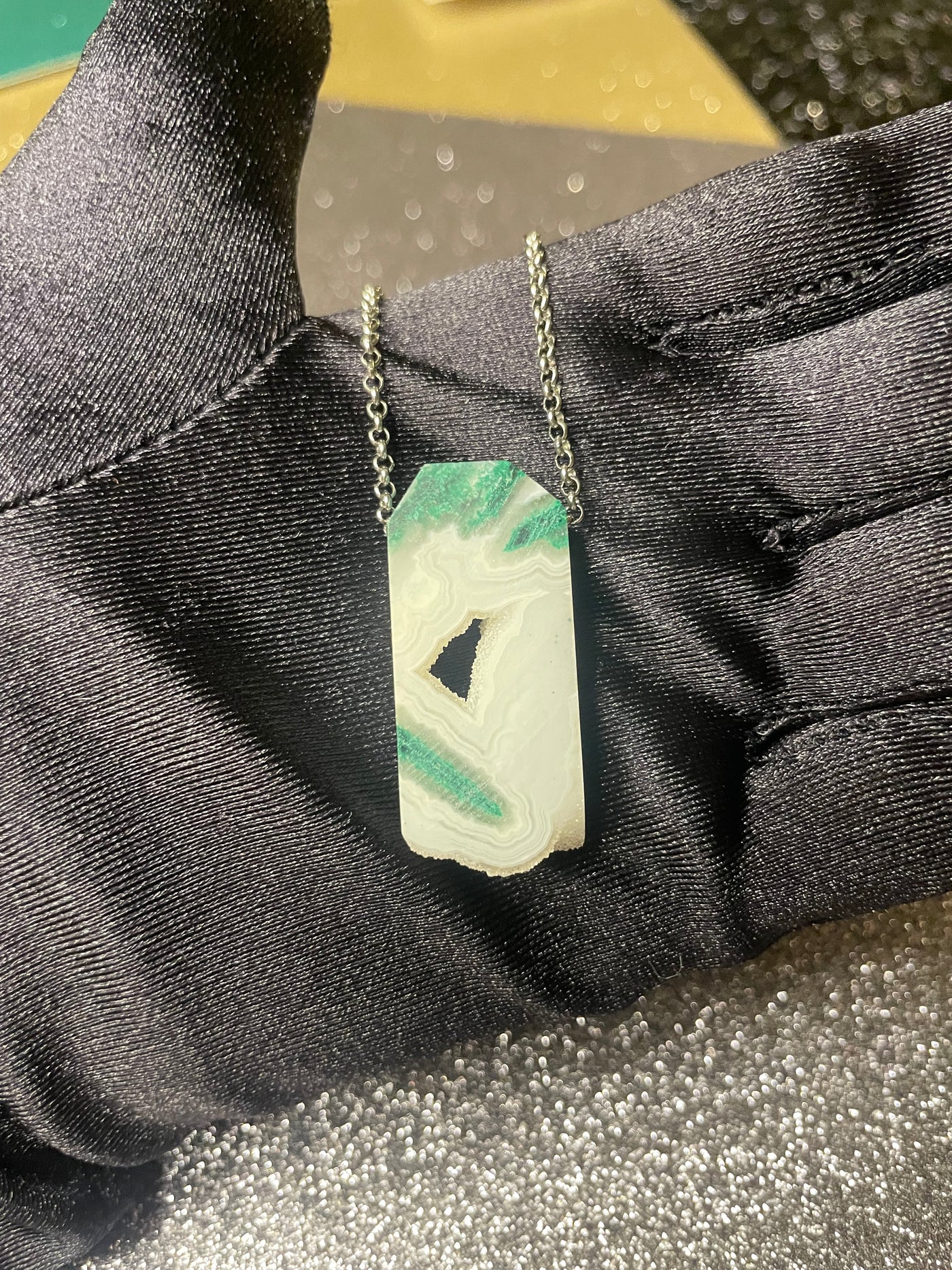 White Druzy & Malachite Pendant (Rare)
